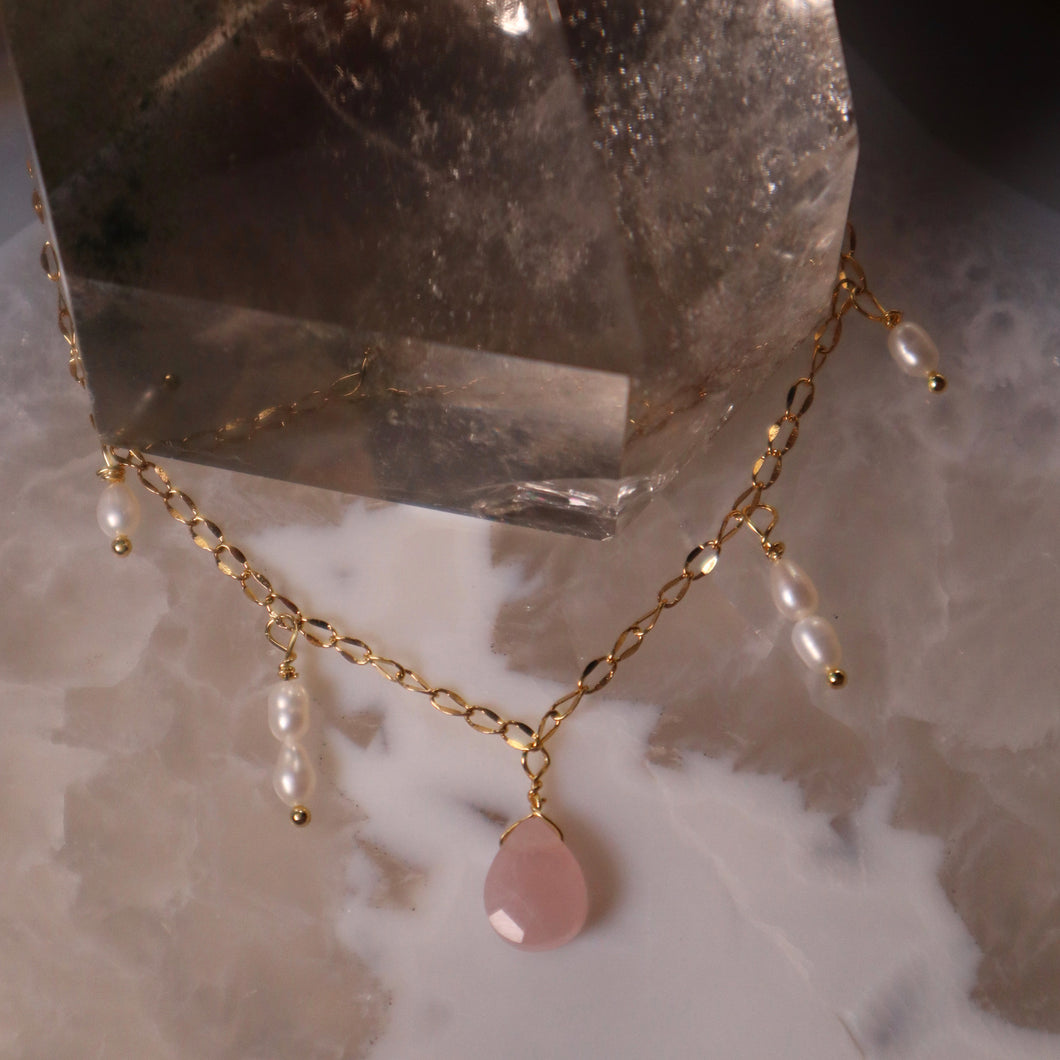 Gold Filled Rose Quartz and Pearl Necklace